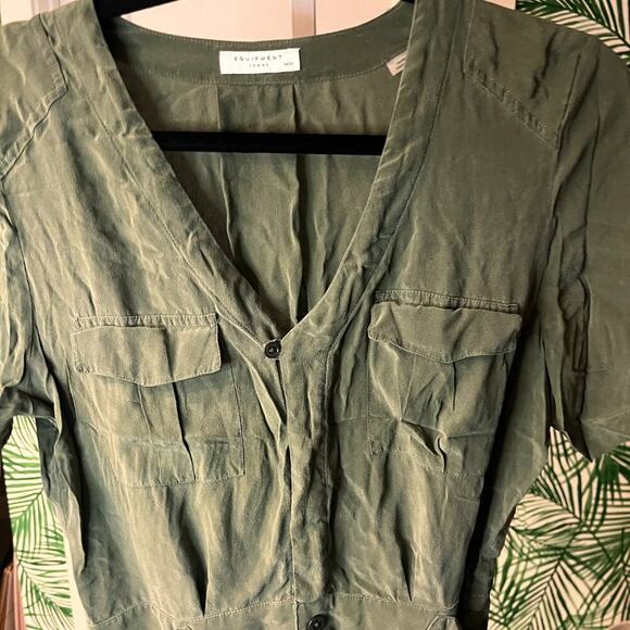 Equipment Femme Olive Green 100% Silk Shirt Mini Dress Sz M - Picture 4 of 12